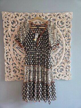 Papillon Blanc Black and Cream Midi Dress with Orange Trip Size Large